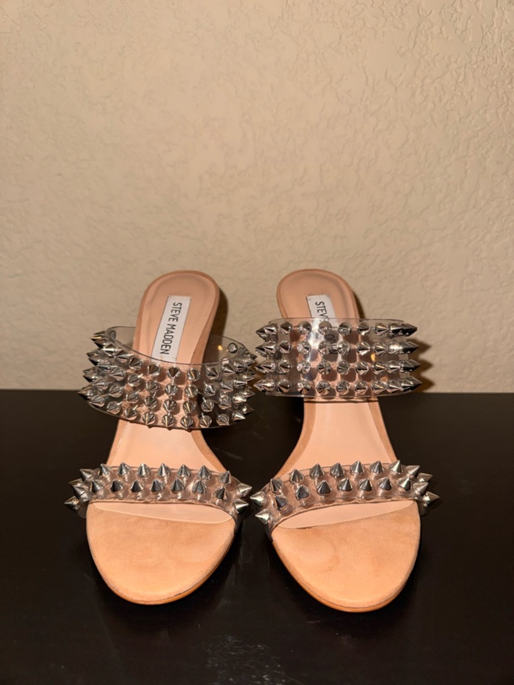 Steve Madden Nude Clear Strap Slide Sandals with Silver Spikes